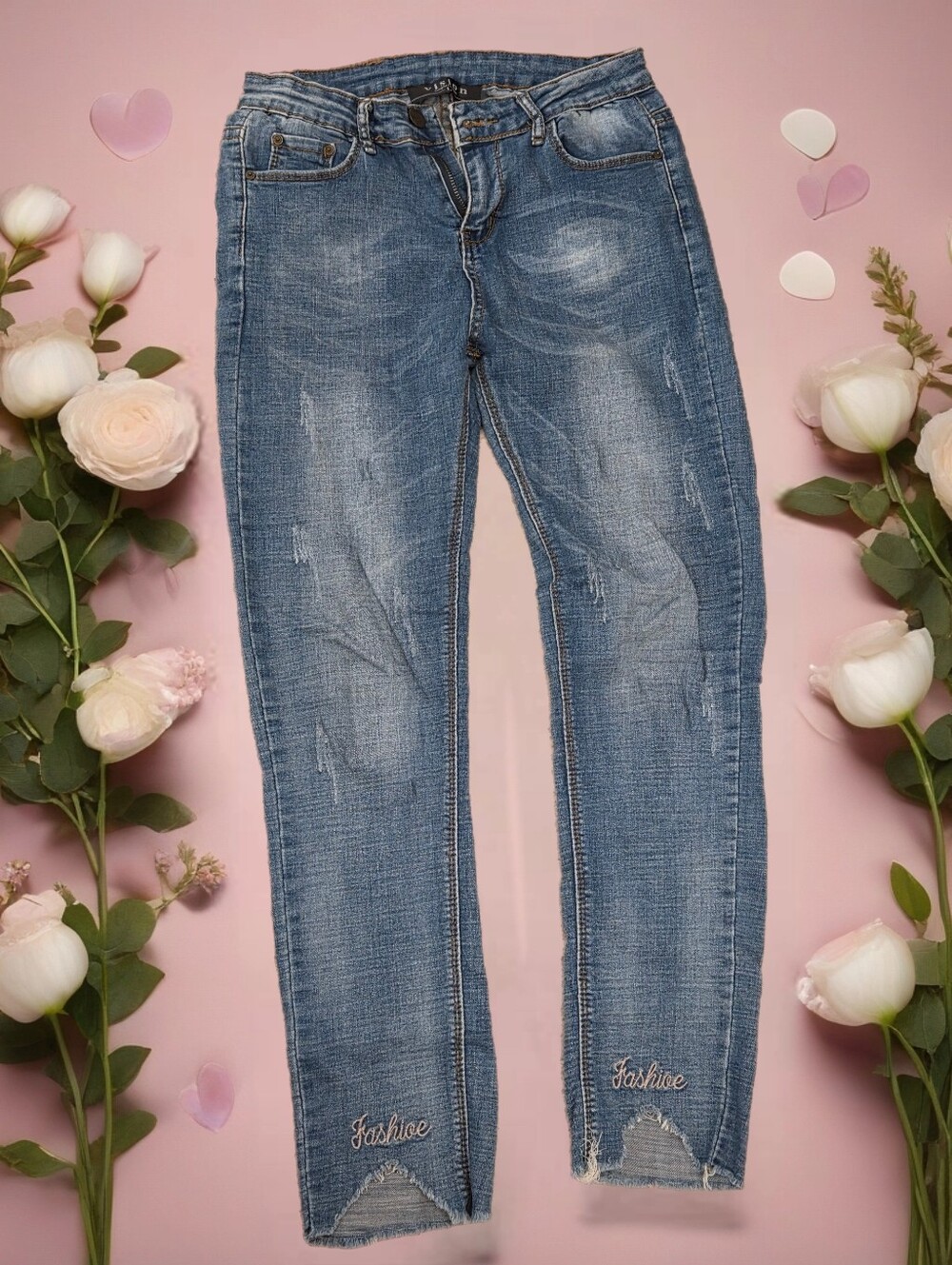 Distressed Skinny Jeans Embroidered Cuffs Girls L 10-12
